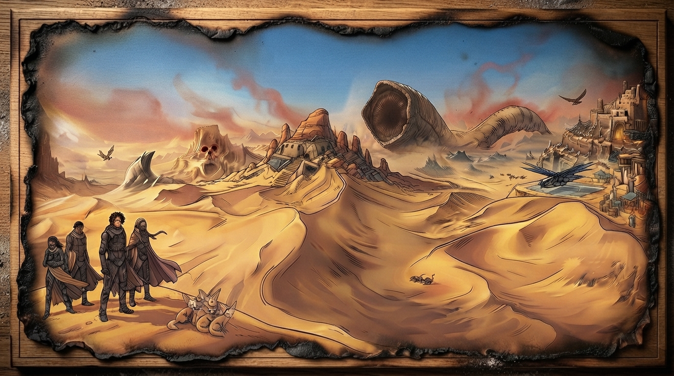 Gezeichnete Karte von Aetharis mit Dünen, Ruinen und einem Sandwurm